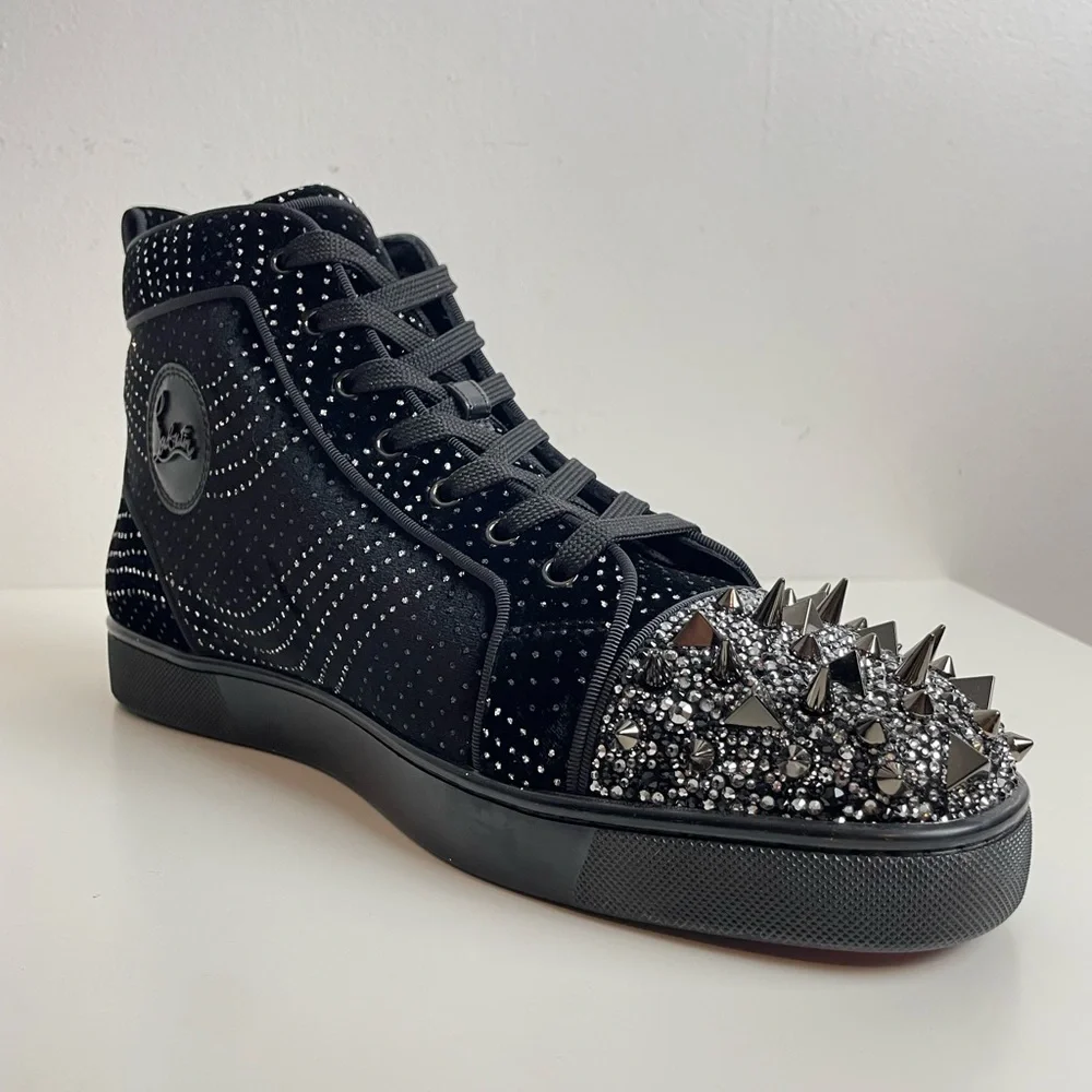 Christian Louboutin High Top Sneaker Men’s 44.5 Black Lou Pik Pik Suede Velvet